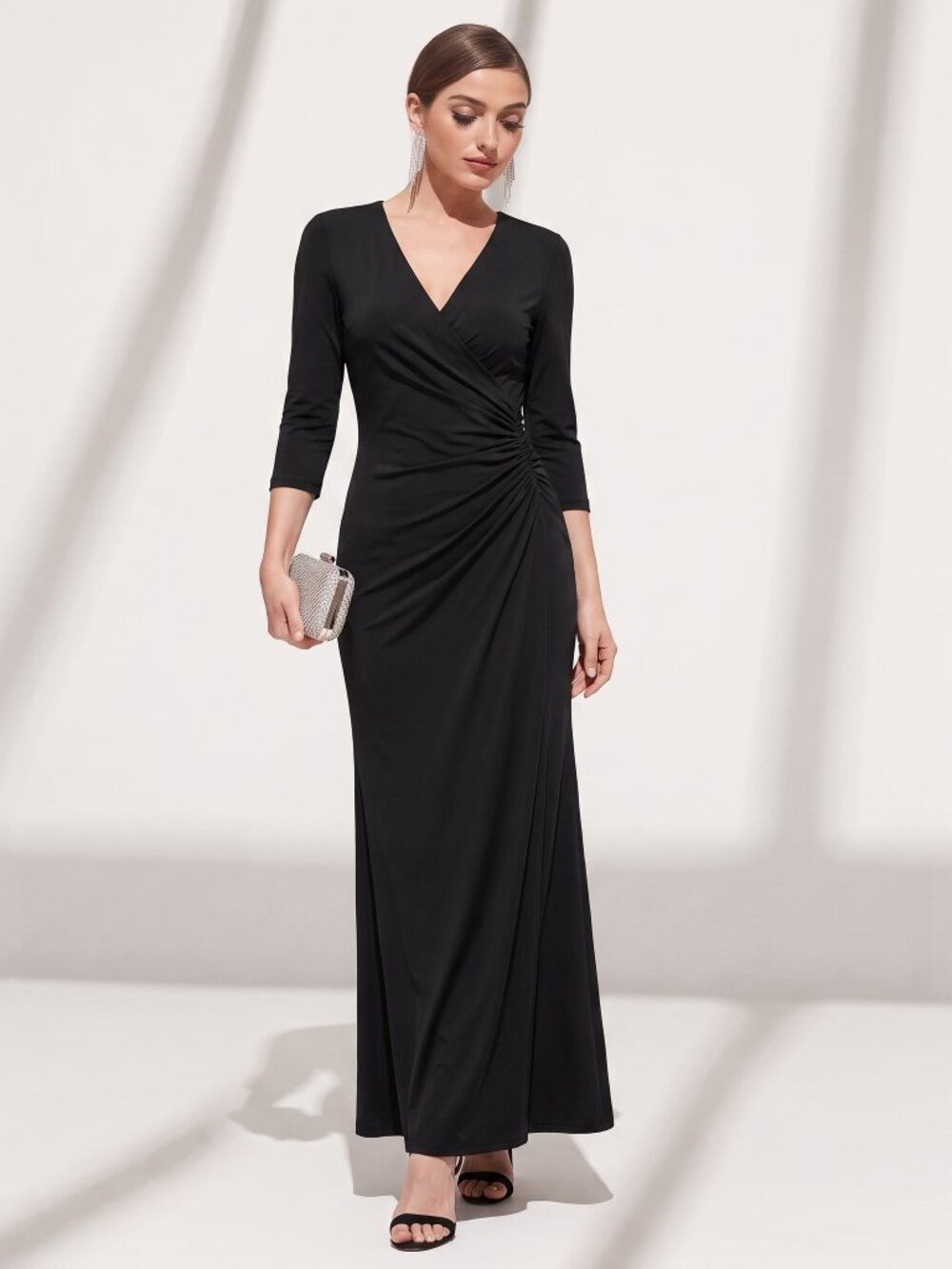 Tadashi Shoji Eve Dress Black Ruched Faux Wrap Maxi Gown | NWT